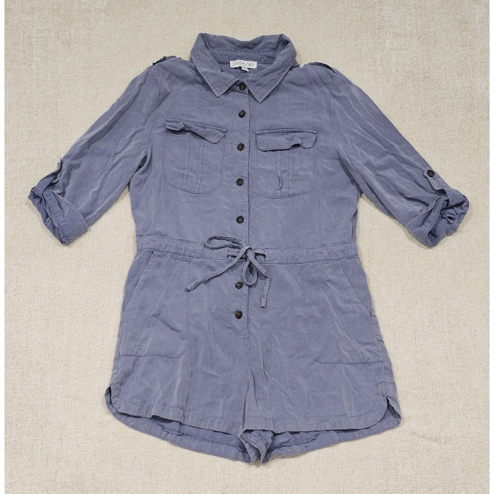She + Sky Roll-Up Sleeve Woven Buttoned Romper Size Large Very Soft Casual